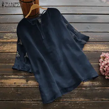 Derliaus Siuvinėjimas, Marškinėliai Moterims Gėlių Palaidinė ZANZEA 2021 Atsitiktinis Vasaros Nėriniai Blusas Moterų Pusė Rankovėmis Tunika Plius Dydis Chemise