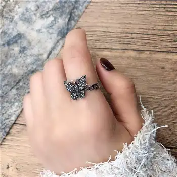 Derliaus Tibeto Sidabro Black CZ Žiedas Drugelis Gotikos Stiliaus Cirkonis Crystal Žiedą, Moterims Piršto Žiedą, Jubiliejaus Dovana, Papuošalai