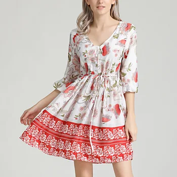 DeRuiLaDy 2020 Naujas Moterų Vasaros Suknelė V-Kaklo Mygtuką Pusė Rankovės Gėlių Spausdinti Mini Suknelė Ponios Priežastinis Paplūdimio Suknelės Vestido