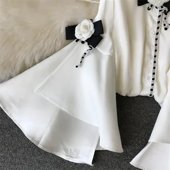 Didelis Paūmėjimas Rankovės Blusa Gėlių Lankai Vintage Drabužių Šifono Palaidinė Moteris 2020 M. Pavasario Rudens Mados Elegantiški Baltos Spalvos Marškinėliai Okd901