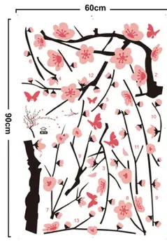 Didelis Vyšnių Žiedų Medis Sakura Drugelis, Drugeliai, Sienos Lipdukas Lipdukas Vinilo Augalų Fone, Sienų Dekoras 60x90cm