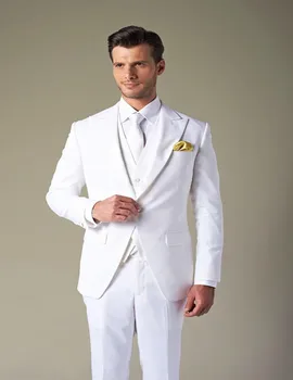 Didmeninė 2019 kostiumas homme Balta Jaunikis Dėvėti Piko Atvartas Vestuvių Smokingas Kostiumai Vyrams 3 Peices vyrų kostiumas (Striukė+Kelnės+Liemenė)