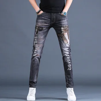 Didmeninė 2020 Džinsinio audinio vyriškų spausdinami aukštos klasės šviesos prabanga džinsai vyrų madingo prekės ženklo Plonas kojų atsitiktinis kelnės ruožas pieštuku kelnės