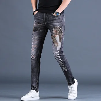 Didmeninė 2020 Džinsinio audinio vyriškų spausdinami aukštos klasės šviesos prabanga džinsai vyrų madingo prekės ženklo Plonas kojų atsitiktinis kelnės ruožas pieštuku kelnės