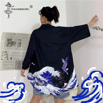 Didžiosios Bangos Off Kanagawa Japonijos Tradicinių Orientuotis Etninės Harajuku Japonijos Megztinis Kimono Pora Plonas Laisvas Yukata Moterims