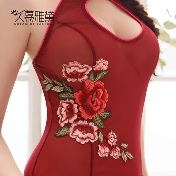 DRAIMIOR Seksualus Kinijos cheongsam Suknelė perspektyvos Siuvinėjimo Gėlių erotinio trikotažo suknelė+g-string nustatyti, seksualus kostiumai NJY0178