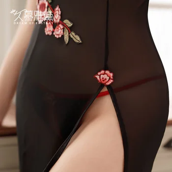 DRAIMIOR Seksualus Kinijos cheongsam Suknelė perspektyvos Siuvinėjimo Gėlių erotinio trikotažo suknelė+g-string nustatyti, seksualus kostiumai NJY0178