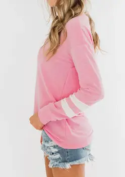 Dryžuotas Sujungimas Long Sleeve T-Shirt Rožinė Viršūnes Tee Moterims, O Kaklo Prarasti Tee Marškinėliai Moterims Drabužių Pavasario Rudens T-shirt Moteris Viršuje