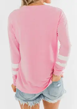 Dryžuotas Sujungimas Long Sleeve T-Shirt Rožinė Viršūnes Tee Moterims, O Kaklo Prarasti Tee Marškinėliai Moterims Drabužių Pavasario Rudens T-shirt Moteris Viršuje