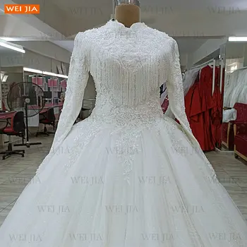 Dubajus Balto Vestuvių Suknelės Ilgomis Rankovėmis Hige Kaklo Chalatas De Mariage 2021 Princesė Kamuolys Suknelė Nuotakos Suknelė Užsakymą Vestido Novia