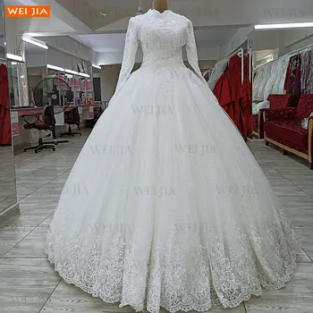 Dubajus Balto Vestuvių Suknelės Ilgomis Rankovėmis Hige Kaklo Chalatas De Mariage 2021 Princesė Kamuolys Suknelė Nuotakos Suknelė Užsakymą Vestido Novia