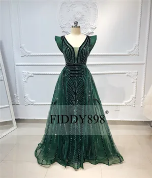 Dubajus Vakaro Suknelės 2020 Ilgai, V Kaklo, Rankovių Tamsiai Žalia Prom Dresses Aksomo Kristalų Prabanga Vakare Gown Vestido de Fiesta