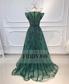 Dubajus Vakaro Suknelės 2020 Ilgai, V Kaklo, Rankovių Tamsiai Žalia Prom Dresses Aksomo Kristalų Prabanga Vakare Gown Vestido de Fiesta