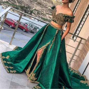 Dubajus Vakaro Suknelės Marokas Kaftan nuo Peties Appliques Du Gabalus Pusės Split Promenadzie Suknelė trumpomis Rankovėmis, Žaliųjų Partijos Suknelė