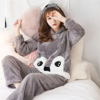 Dviejų Dalių Žiemos Moterys Pižamos Tirštėti Flanelė Pajama Komplektai Mielas Lokys Hoodie Mielas Pijama Ilgą Pižamą Sleepwear