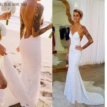 E JUE SHUNG Balta Nėrinių Backless Undinė Boho Vestuvių Suknelės 2019 Spagečiai Dirželiai Nugaros Vasaros Suknelės Paplūdimio Vestuvių Suknelės
