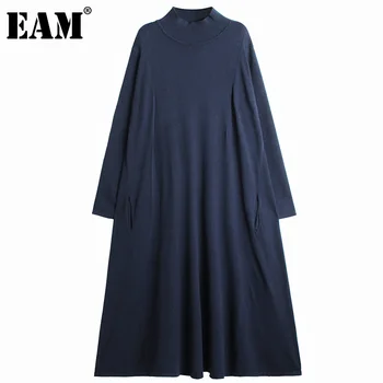 [EAM] Moterys Spalvotų Ilga Mėlyna Mezgimo Suknelė Naują Golfo ilgomis Rankovėmis Palaidi Tinka Mados Banga Rudens Žiemos 2021 1DD3408