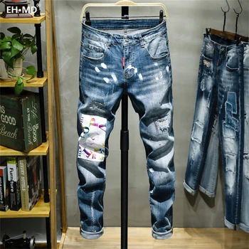 EH · MD® Lakuoti Jeans vyriški Skylę Užlopyti Siuvinėjimo Minkštos Minkštos Medvilnės Elastinga Raudona Odos Etiketė Šviesiai Mėlyna Slim Kelnės Raudonos Ausys