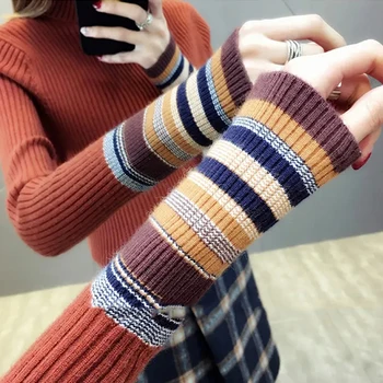 Elastinga spalvos dryžuotas liesas megzti golfo puloveriai moterims kontrasto spalvų slim šiltas, storas megztinis žiemą ilgomis rankovėmis viršūnes