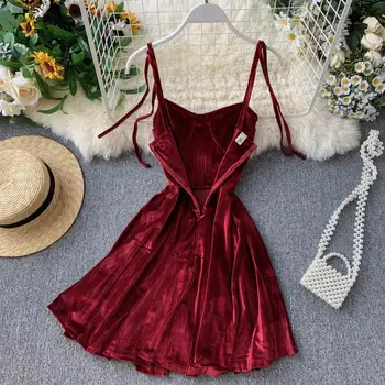 Elegantiška Vintage Gotikos Spageti Dirželis Suknelė 2019 Ankstyvą Rudenį Pagrindinis Moterims Trumpas Šalis Suknelės Plonas Aukštos Juosmens Mini Suknelė