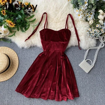 Elegantiška Vintage Gotikos Spageti Dirželis Suknelė 2019 Ankstyvą Rudenį Pagrindinis Moterims Trumpas Šalis Suknelės Plonas Aukštos Juosmens Mini Suknelė