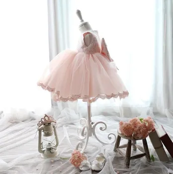 Elegantiškas Mergina Suknelė Mergaitėms iki 2018 m. Vasaros Mados Rausva Nėrinių Didelis Lankas Šalies Tiulio Gėlių Princesė Vestuvių Suknelės Baby Girl dress