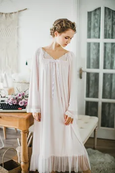 Elegantiškas Nightgowns Ilgai Seleeve Chalatai Moterims Suknelė Sleepwear Rausvos spalvos Medvilnės Moterų Rudenį Plius Dydis drabužiai T38