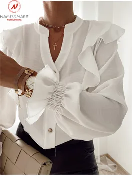 Elegantiškas Office Lady Marškinėliai Single-breasted Dizaino Raukiniai Dekoro V-Kaklo, ilgomis Rankovėmis vientisos Spalvos Rudenį Plonas Skaidrus Viršų