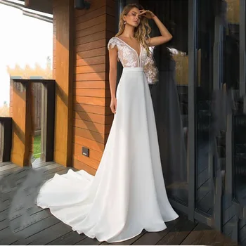 Elegantiškas Satino V-kaklo-line Vestuvių Suknelės 2021 Naujas Boho Vestuvinės Suknelės Backless Vestido de noiva Plius dydis Vestuvių Suknelė