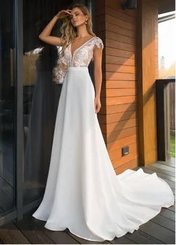 Elegantiškas Satino V-kaklo-line Vestuvių Suknelės 2021 Naujas Boho Vestuvinės Suknelės Backless Vestido de noiva Plius dydis Vestuvių Suknelė