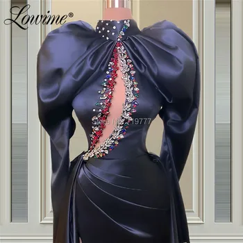 Elegantiškas Tamsiai Mėlyna Vakaro Suknelės Dubajus Dizaino Arabų Ilgai Undinė Įžymybė Šalis Suknelė 2021 Couture Ilgomis Rankovėmis Promenadzie Suknelė