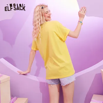 ELFSACK Harajuku Geltona Grafinis Spausdinti Atsitiktinis Moterų Marškinėliai 2020 Metų Vasaros ELF Pink Cartoon korėjos Ponios Pagrindinio Kasdien Mielas Viršūnės