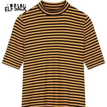 ELFSACK Spalvotų Dryžuotų Atsitiktinis Slim Megzti Marškinėliai Moterims Pasėlių Top 2020 Metų Vasaros ELF Trumpas Rankovės korėjos Girly Kasdien Basic Tee