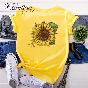 Elimiiya T Marškinėliai Moterims 2020 Metų Vasaros Saulė gėlių Spausdinti Marškinėlius Negabaritinių S-5XL Grafika T-shirt Mados Viršūnes Tees Clother Moteris