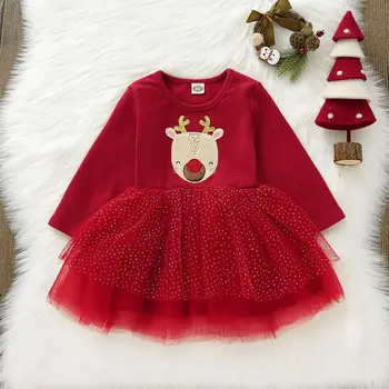 Emmababy 2020 Kalėdos Elnio Suknelė Bamblys Vaikas Baby Girl Kalėdų Ilgomis Rankovėmis Medvilnė+ Nėriniai Tutu Atsitiktinis Suknelė Šalies Drabužių