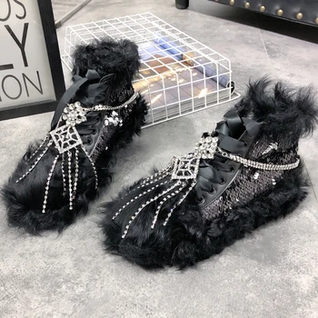 Europa stotis 2020 m. žiemos nauji moteriški bateliai mados china kalnų krištolas kutas plokšti batai furry batai moterims sniego batai