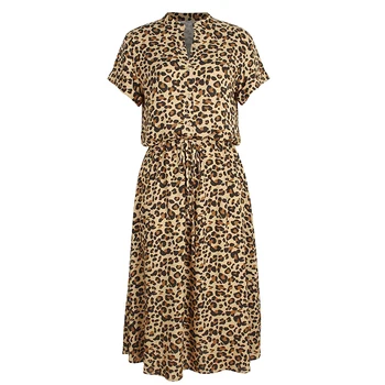 EVERAFTER Derliaus leopard print suknelė moterų v-kaklo varčias trumpomis rankovėmis mygtuką atostogų sundress atsitiktinis moterų vasaros maxi suknelės
