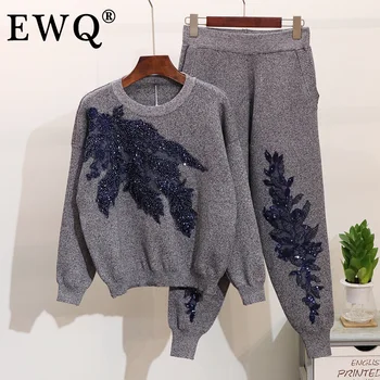 [EWQ] 2020 m. Pavasario Rudens Mados Naujo Stiliaus Blizgučiais Gėlės, ilgomis Rankovėmis T-shirt Elastinga Juosmens Moterų Suknelė Moterims AC957
