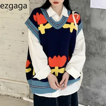 Ezgaga Megzti Megztinis Liemenė Moterims Outwear Korėjos Mados V-Kaklo, Rankovių Viršūnes Harajuku Gėlių Megztinis Liemenė Streetwear