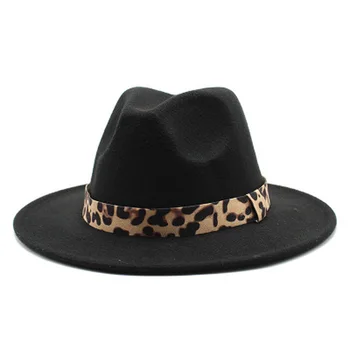 Fedora skrybėlė moteris vyrai leopard juostelės vientisos spalvos plačios skrybėlės kraštų žiemą, rudenį, rudenį moterys oficialų suknelė vintage fedora skrybėlę