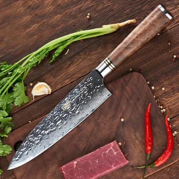 FINDKING 8 colių Sapele medienos rankena damaske chef peilis 67 sluoksnių Profesinės Japenese damasko plieno virtuvės peiliai