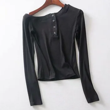 Foridol Off peties megzti viršų seksuali Moteris ilgomis rankovėmis mygtuką elastingumą tees Moterų plonas juodos elegantiškos žiemą, rudenį basic marškinėliai