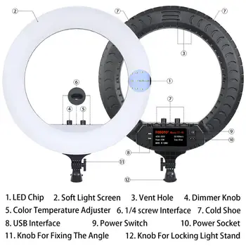 Fusitu FT-45 18 Colių LED Žiedo, Šviesos, Fotografijos Apšvietimo 2700-6500K Užpildyti Žiedas Lemputė Su Nuotolinio Trikojo Telefono Makiažas 