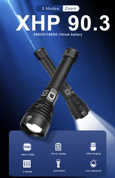 Galingas LED Žibintuvėlis XHP 90.3 70.2 Super Šviesus Flash Šviesos USB Įkrovimo Zoom Taktinis Žibintuvėlis Kempingas Paieška Lempos