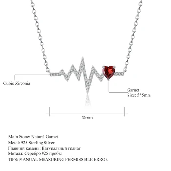 GEM BALETO Natūralus Raudonasis Granatas 925 Sterlingas Sidabro Širdies Meilės Elektrokardiograma Pakabukas Karoliai Moterų Vestuvių Papuošalai