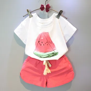 GEMTOT Vaikų kostiumas 2019 m. vasarą naująjį korėjiečių mergaitės atsitiktinis medvilnės trumparankoviai animacinių filmų arbūzas, t-marškinėliai, šortai, dviejų dalių