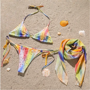GNIM Seksualus, Trijų dalių Trikampis Bikini Nustatyti 2020 m. Vasarą Tvarstis Cirkonio maudymosi kostiumėlį Moterų Paplūdimio Micro Thong maudymosi Kostiumėliai, Biquini