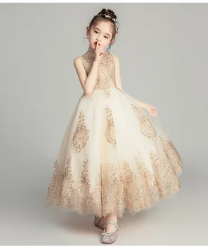 Golden China Nėrinių Mergina Vestuvių Suknelė Ilgai Gėlių Mergaitės Suknelė Princesė Šalies Pirmosios Komunijos Suknelė Baby Girl Krikšto Inscenizacija Suknelė