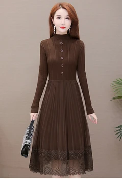 Golfo megztinis mezgimo suknelė moterims rudens žiemos ilgas rankoves mygtuką, ilgas, klostuotas akių nėrinių suknelė elegantiškas ponios midi suknelė