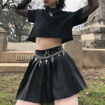 Goth Tamsiai Grunge Punk Vasaros Gotikos Sijonai Moterims Streetwear Zippper Kniedės Plisuotos Metalo Žiedas Sijonas PU Seksualus, Tuščiaviduriai, Iš Atsitiktinis